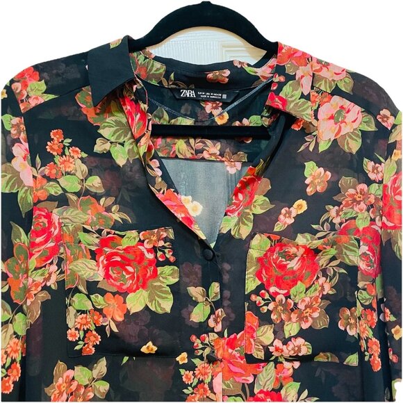ZARA Black Floral Sheer Long Sleeve V-neck Shirt Sz M - Picture 3 of 8